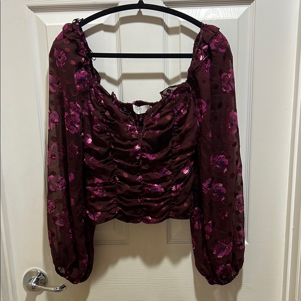 Red and Purple Ruched Long Sleeve Blouse